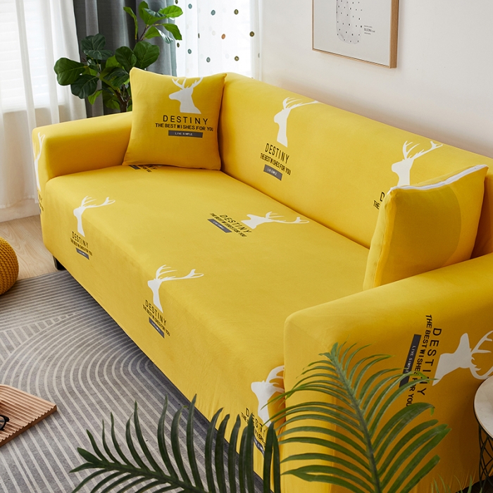 91家纺网 家纺一手货源 找家纺 丝绮鹿 2023新款牛奶丝沙发套三人图（松紧款） 黄色鹿