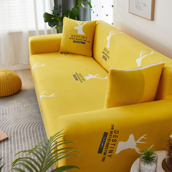 91家纺网 家纺一手货源 找家纺 丝绮鹿 2023新款牛奶丝沙发套三人图（松紧款） 黄色鹿
