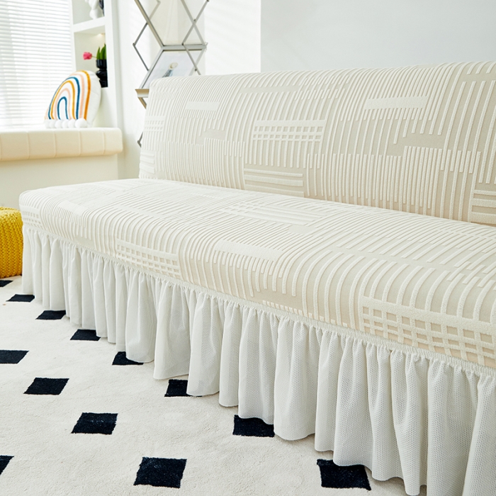 91家纺网 家纺一手货源 找家纺 丝绮鹿 2023新款提花绒沙发床套裙边款（幸福） 幸福-茶白