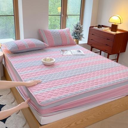 91家纺网 家纺一手货源 找家纺 尊康家纺（原磊科） 2024新款全棉色织无印风大豆床笠 粉灰条