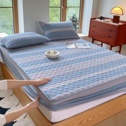 91家纺网 家纺一手货源 找家纺 尊康家纺（原磊科） 2024新款全棉色织无印风大豆床笠 蓝灰条