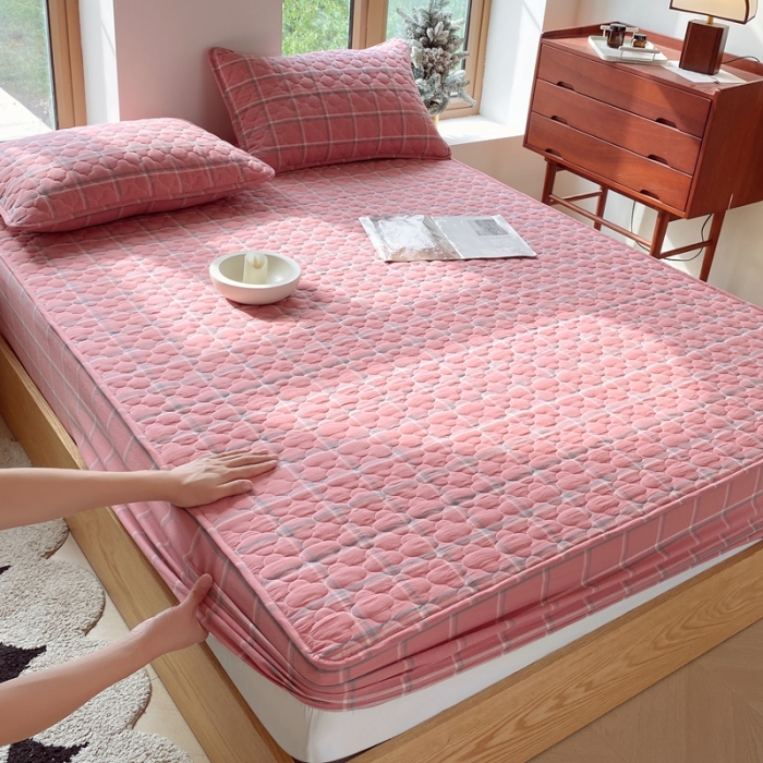 91家纺网 家纺一手货源 找家纺 尊康家纺（原磊科） 2024新款全棉色织无印风大豆床笠 宁静粉