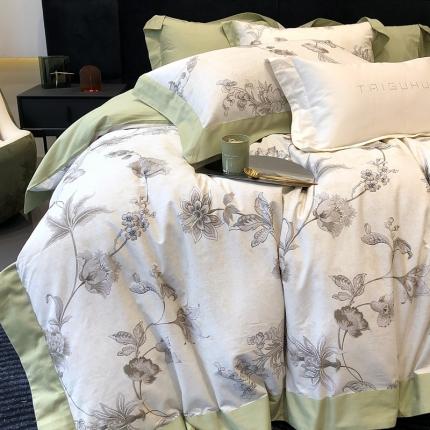 91家纺网 家纺一手货源 找家纺 太古汇 2023新款100棉火山小磨毛数码印花大宽边四件套 阿尔文-绿色