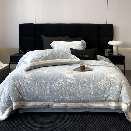 91家纺网 家纺一手货源 找家纺 太古汇 2023新款230g双拼角牛奶绒四件套-维也纳系列 维也纳-蓝色