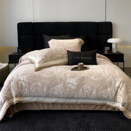 91家纺网 家纺一手货源 找家纺 太古汇 2023新款230g双拼角牛奶绒四件套-维也纳系列 维也纳-咖色