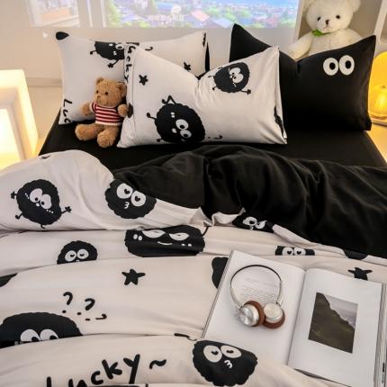 91家纺网 家纺一手货源 找家纺 韩秀家纺 2024新款超柔水洗棉双层纱大眼睛款印花四件套 小煤球