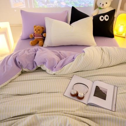 91家纺网 家纺一手货源 找家纺 韩秀家纺 2024新款超柔水洗棉双层纱大眼睛款印花四件套 绿条芋泥紫