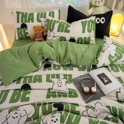 91家纺网 家纺一手货源 找家纺 韩秀家纺 2024新款超柔水洗棉双层纱大眼睛款印花四件套 皮皮狗