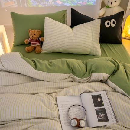 91家纺网 家纺一手货源 找家纺 韩秀家纺 2024新款超柔水洗棉双层纱大眼睛款印花四件套 绿条清新绿