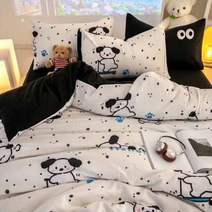 91家纺网 家纺一手货源 找家纺 韩秀家纺 2024新款超柔水洗棉双层纱大眼睛款印花四件套 快乐狗