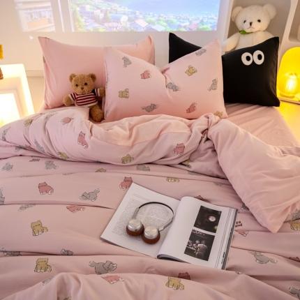 91家纺网 家纺一手货源 找家纺 韩秀家纺 2024新款超柔水洗棉双层纱大眼睛款印花四件套 可爱猫咪