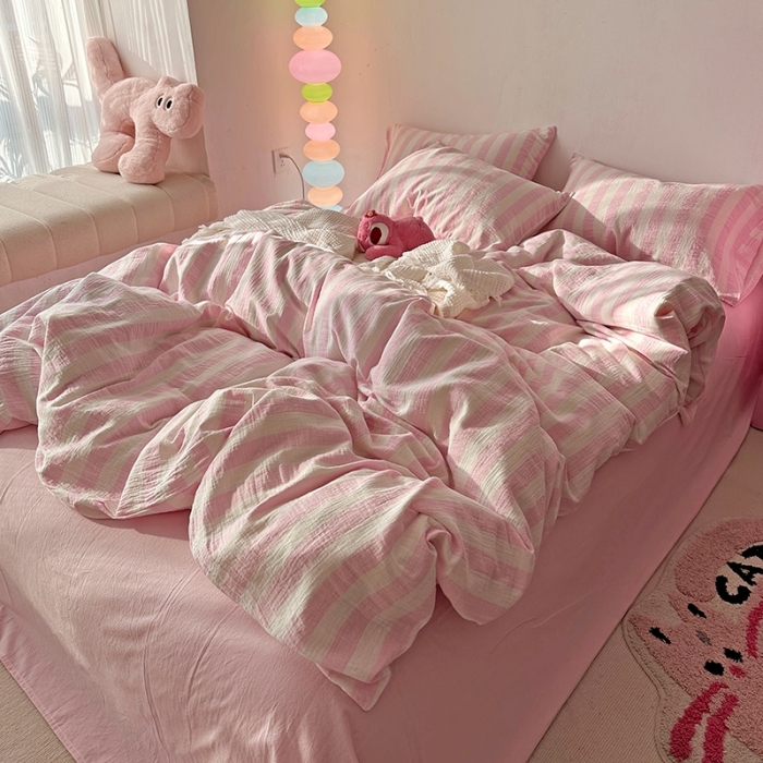 91家纺网 家纺一手货源 找家纺 （总）千朵 2023新款色织双层皱皱纱全棉四件套