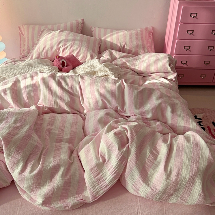 91家纺网 家纺一手货源 找家纺 （总）千朵 2023新款色织双层皱皱纱全棉四件套