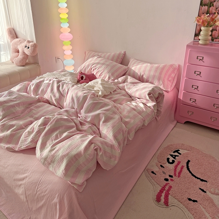 91家纺网 家纺一手货源 找家纺 （总）千朵 2023新款色织双层皱皱纱全棉四件套