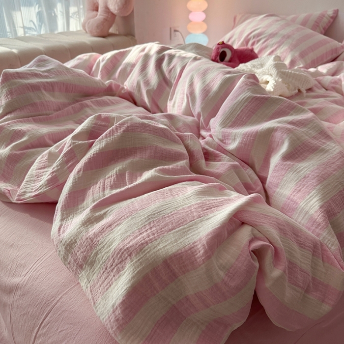 91家纺网 家纺一手货源 找家纺 （总）千朵 2023新款色织双层皱皱纱全棉四件套