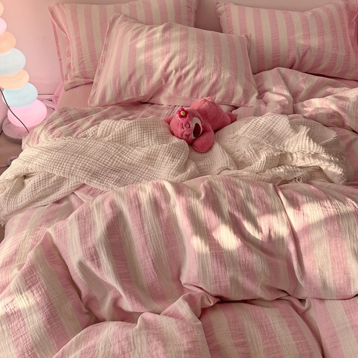 91家纺网 家纺一手货源 找家纺 （总）千朵 2023新款色织双层皱皱纱全棉四件套