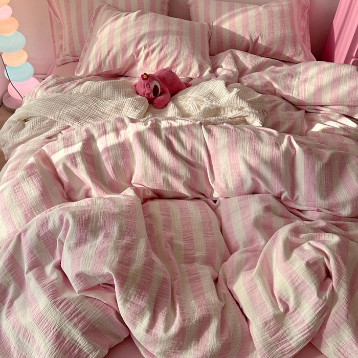 91家纺网 家纺一手货源 找家纺 （总）千朵 2023新款色织双层皱皱纱全棉四件套