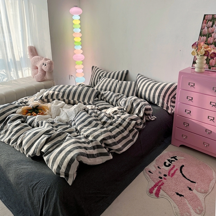 91家纺网 家纺一手货源 找家纺 千朵 2023新款色织双层皱皱纱全棉四件套 黑色