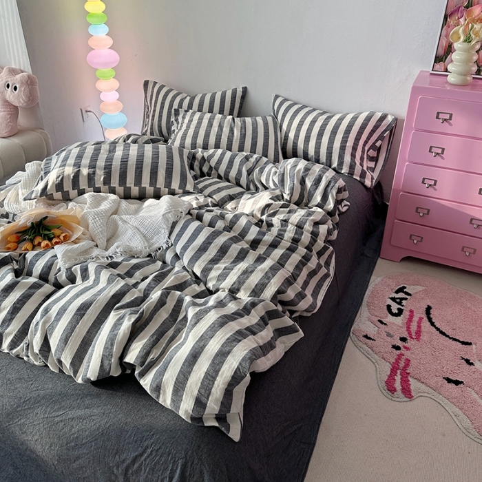 91家纺网 家纺一手货源 找家纺 千朵 2023新款色织双层皱皱纱全棉四件套 黑色