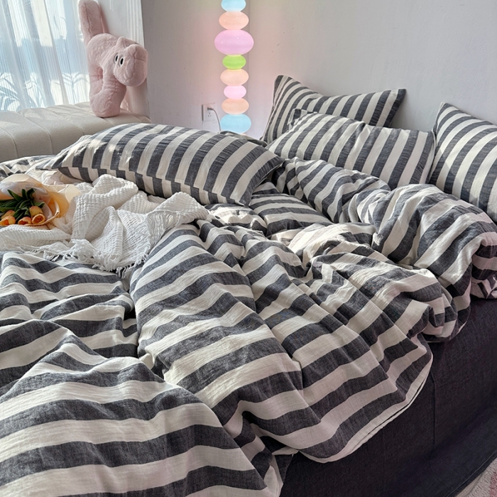 91家纺网 家纺一手货源 找家纺 千朵 2023新款色织双层皱皱纱全棉四件套 黑色