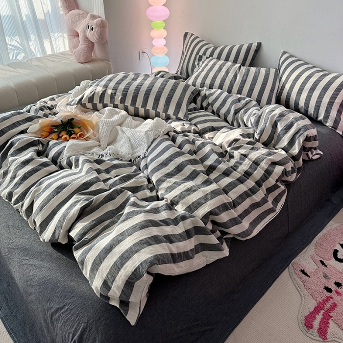 91家纺网 家纺一手货源 找家纺 千朵 2023新款色织双层皱皱纱全棉四件套 黑色