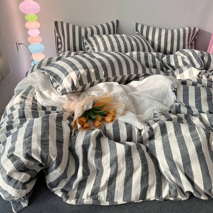 91家纺网 家纺一手货源 找家纺 千朵 2023新款色织双层皱皱纱全棉四件套 黑色