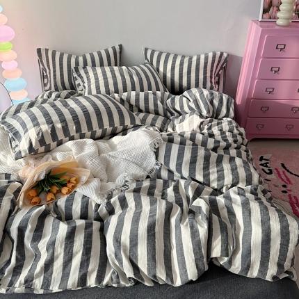 千朵 2023新款色织双层皱皱纱全棉四件套 黑色