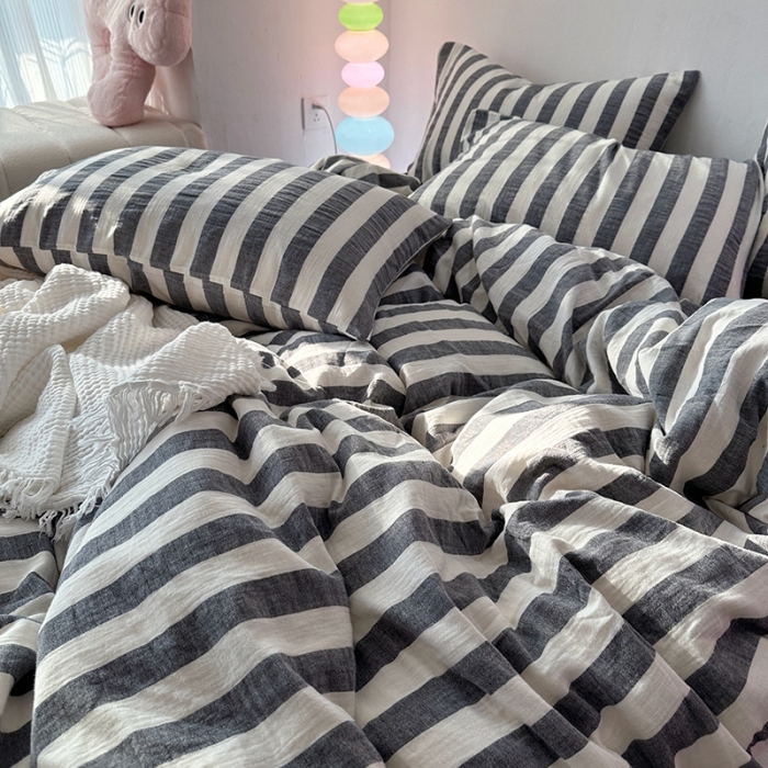 91家纺网 家纺一手货源 找家纺 千朵 2023新款色织双层皱皱纱全棉四件套 黑色