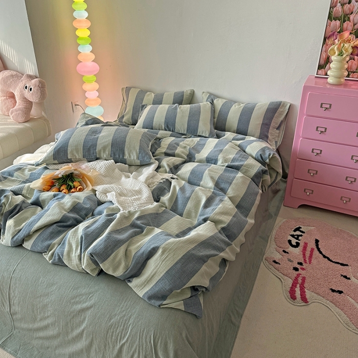 91家纺网 家纺一手货源 找家纺 千朵 2023新款色织双层皱皱纱全棉四件套 美拉德绿