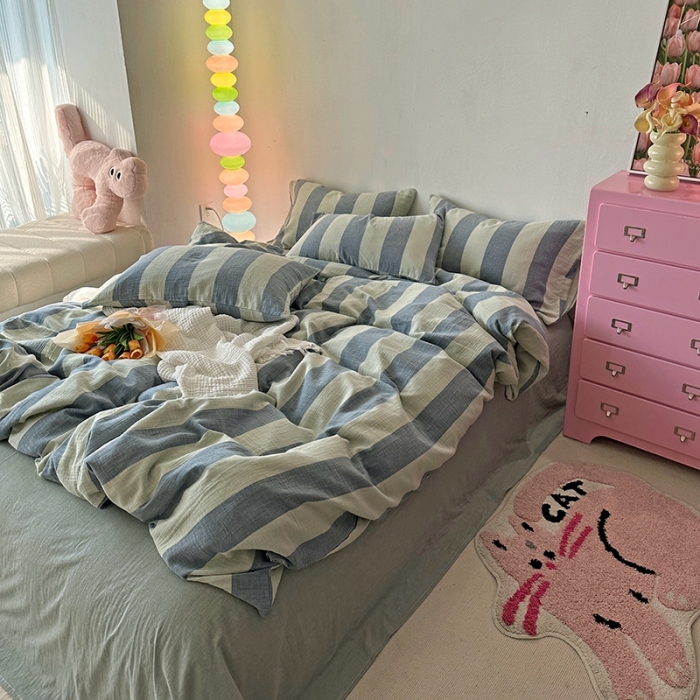 91家纺网 家纺一手货源 找家纺 千朵 2023新款色织双层皱皱纱全棉四件套 美拉德绿