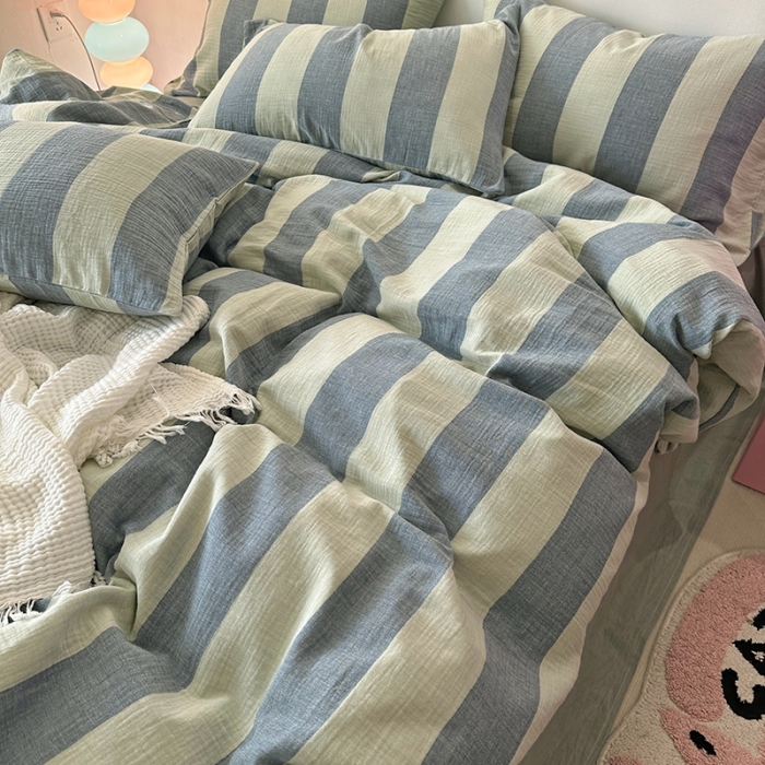 91家纺网 家纺一手货源 找家纺 千朵 2023新款色织双层皱皱纱全棉四件套 美拉德绿