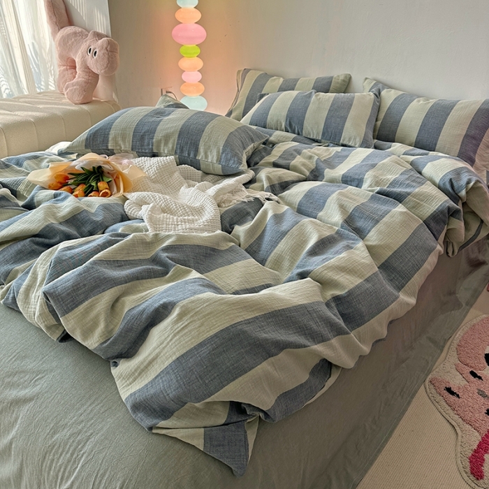 91家纺网 家纺一手货源 找家纺 千朵 2023新款色织双层皱皱纱全棉四件套 美拉德绿