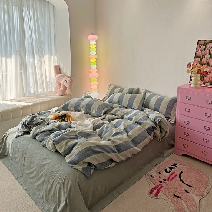 91家纺网 家纺一手货源 找家纺 千朵 2023新款色织双层皱皱纱全棉四件套 美拉德绿