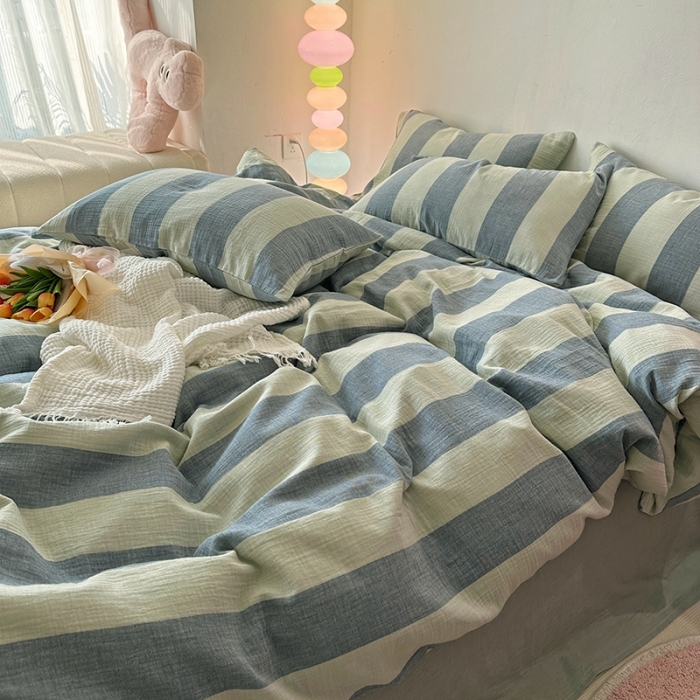 91家纺网 家纺一手货源 找家纺 千朵 2023新款色织双层皱皱纱全棉四件套 美拉德绿