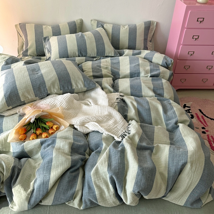 91家纺网 家纺一手货源 找家纺 千朵 2023新款色织双层皱皱纱全棉四件套 美拉德绿