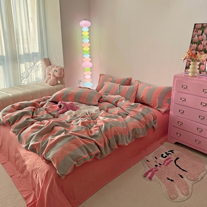 91家纺网 家纺一手货源 找家纺 千朵 2023新款色织双层皱皱纱全棉四件套 美拉德玉