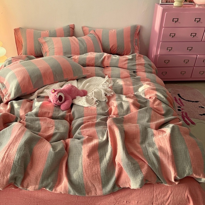 91家纺网 家纺一手货源 找家纺 千朵 2023新款色织双层皱皱纱全棉四件套 美拉德玉