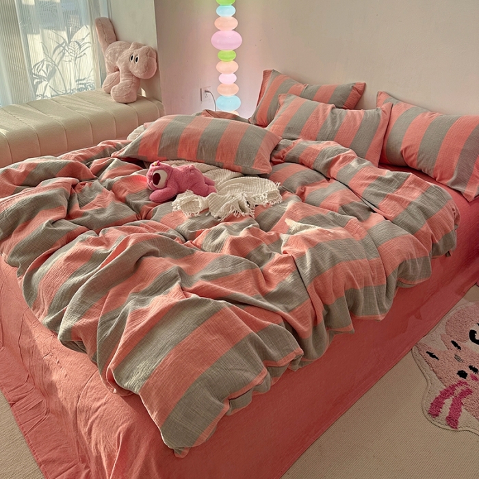 91家纺网 家纺一手货源 找家纺 千朵 2023新款色织双层皱皱纱全棉四件套 美拉德玉