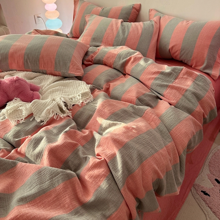 91家纺网 家纺一手货源 找家纺 千朵 2023新款色织双层皱皱纱全棉四件套 美拉德玉