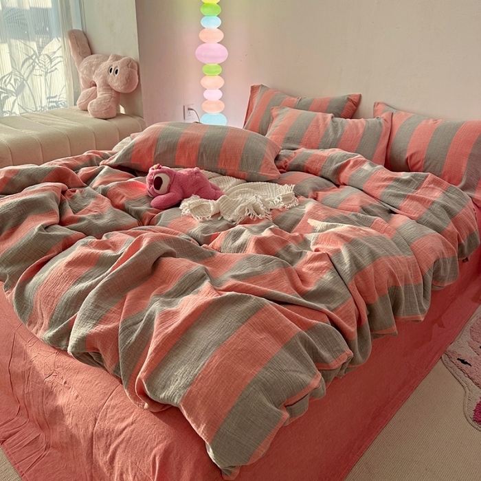 91家纺网 家纺一手货源 找家纺 千朵 2023新款色织双层皱皱纱全棉四件套 美拉德玉