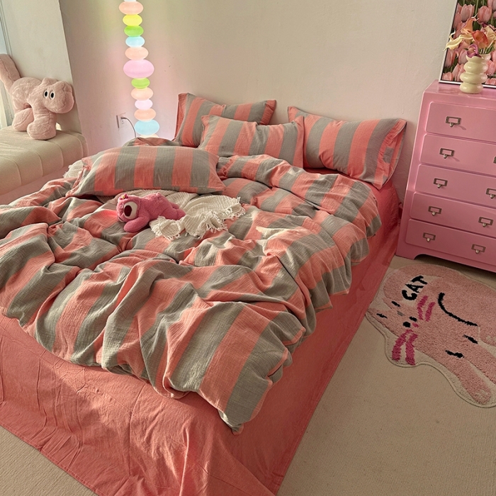 91家纺网 家纺一手货源 找家纺 千朵 2023新款色织双层皱皱纱全棉四件套 美拉德玉