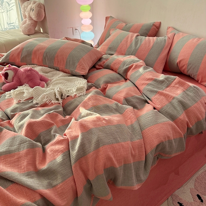 91家纺网 家纺一手货源 找家纺 千朵 2023新款色织双层皱皱纱全棉四件套 美拉德玉