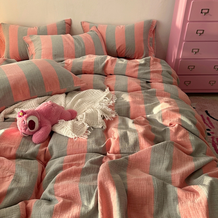 91家纺网 家纺一手货源 找家纺 千朵 2023新款色织双层皱皱纱全棉四件套 美拉德玉