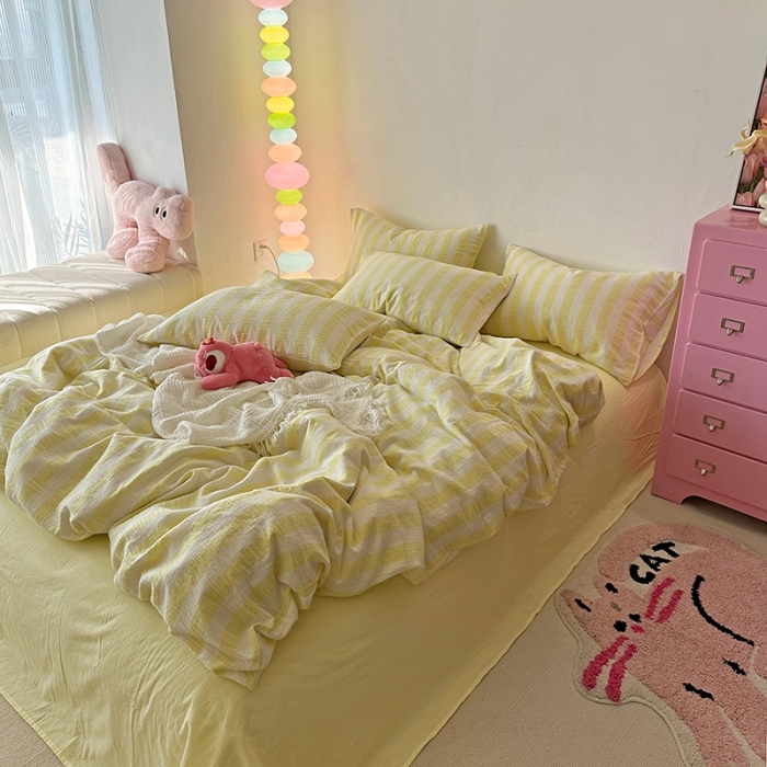 91家纺网 家纺一手货源 找家纺 千朵 2023新款色织双层皱皱纱全棉四件套 奶黄