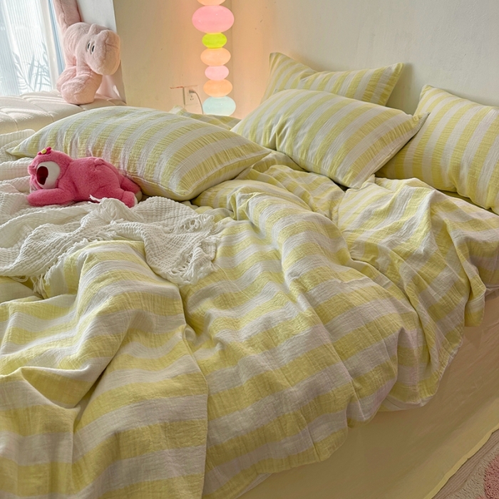 91家纺网 家纺一手货源 找家纺 千朵 2023新款色织双层皱皱纱全棉四件套 奶黄