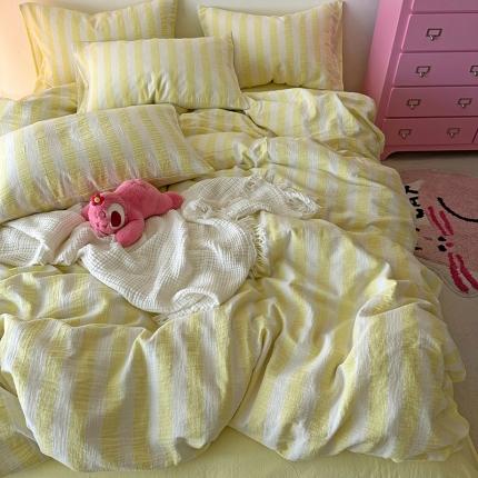 千朵 2023新款色织双层皱皱纱全棉四件套 奶黄