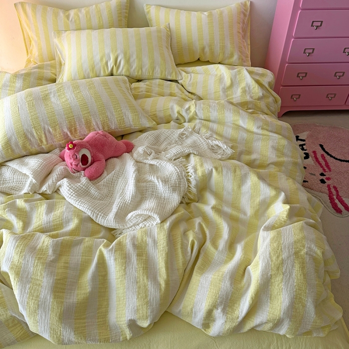 91家纺网 家纺一手货源 找家纺 千朵 2023新款色织双层皱皱纱全棉四件套 奶黄