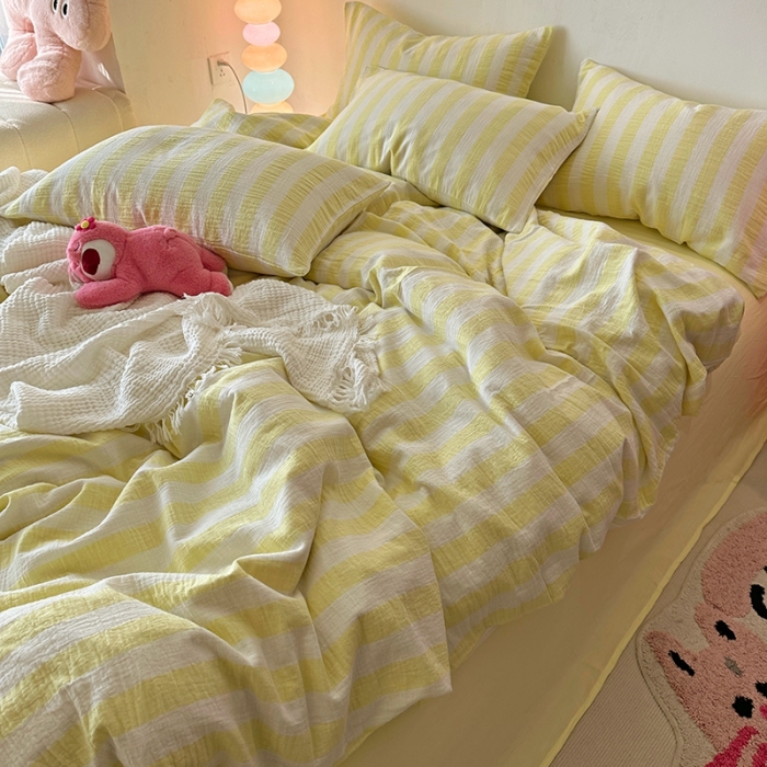 91家纺网 家纺一手货源 找家纺 千朵 2023新款色织双层皱皱纱全棉四件套 奶黄