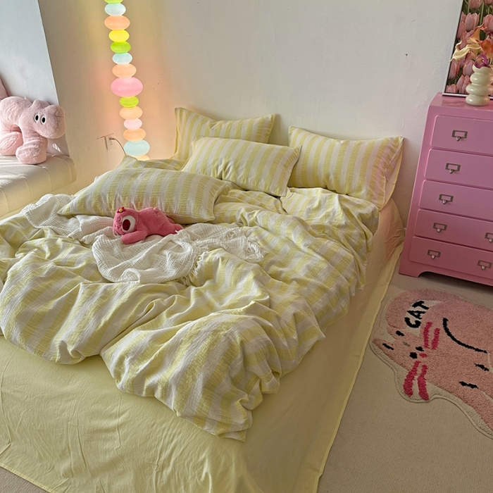 91家纺网 家纺一手货源 找家纺 千朵 2023新款色织双层皱皱纱全棉四件套 奶黄