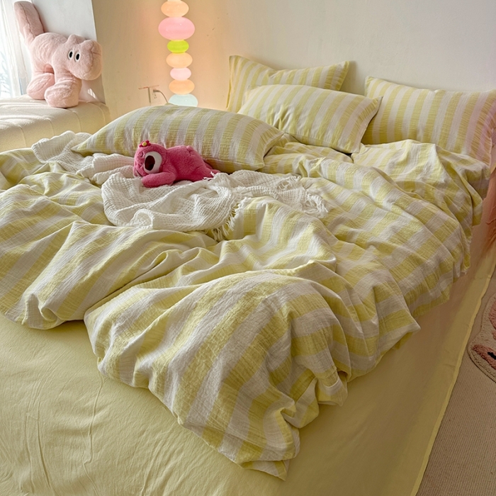 91家纺网 家纺一手货源 找家纺 千朵 2023新款色织双层皱皱纱全棉四件套 奶黄